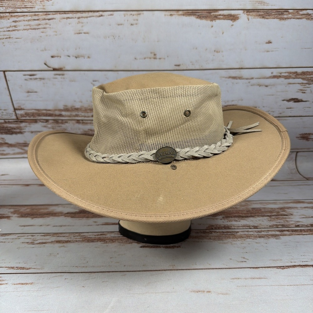 Barmah Hats 1057 Canvas Drover Outback Hat Tan Mesh Mens XL UPF Sun Protection